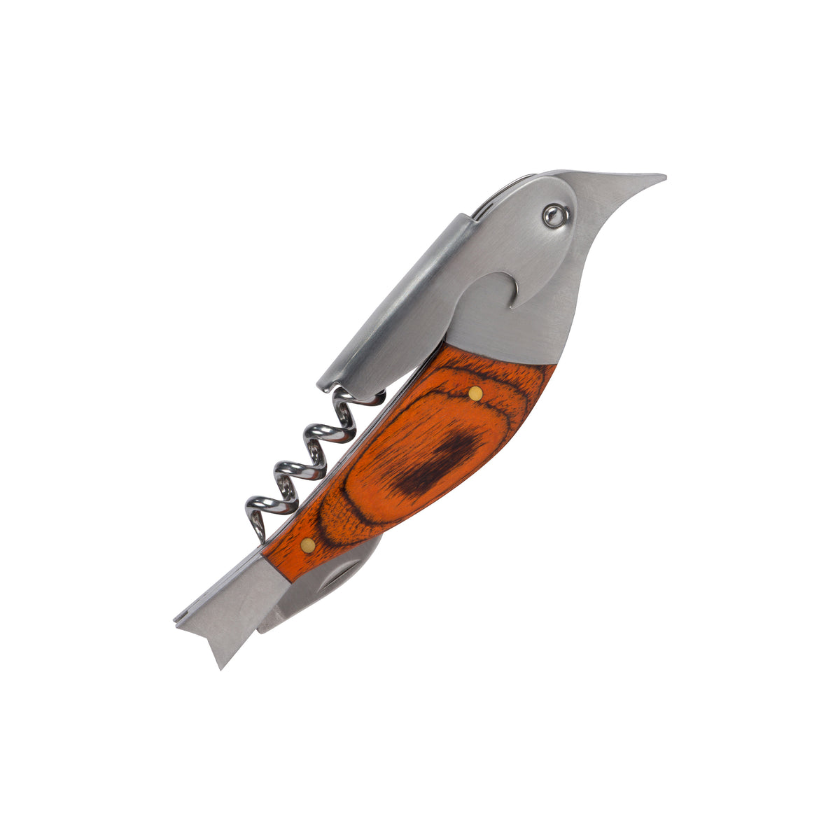 A bird-shaped corkscrew made from wood and stainless steel on a white background.