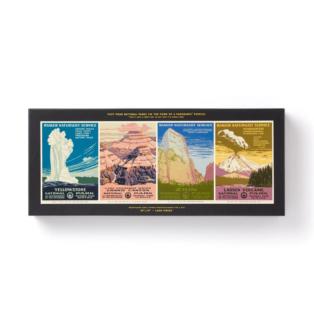 Take a trip to the national parks with this 1000-piece puzzle. Featuring vintage posters (Yellowstone, Grand Canyon, Zion, and Lassen Volcanic Park), you will immerse yourself in the outdoors while building this puzzle. Also includes a fold-out insert to use as guide.  Dimensions of completed puzzle: 39" W x 14" L 