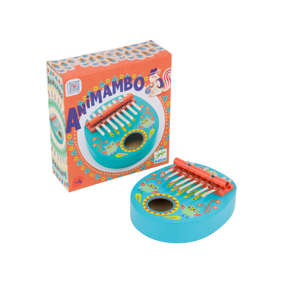 Colorful Animambo toy with packaging on a white background