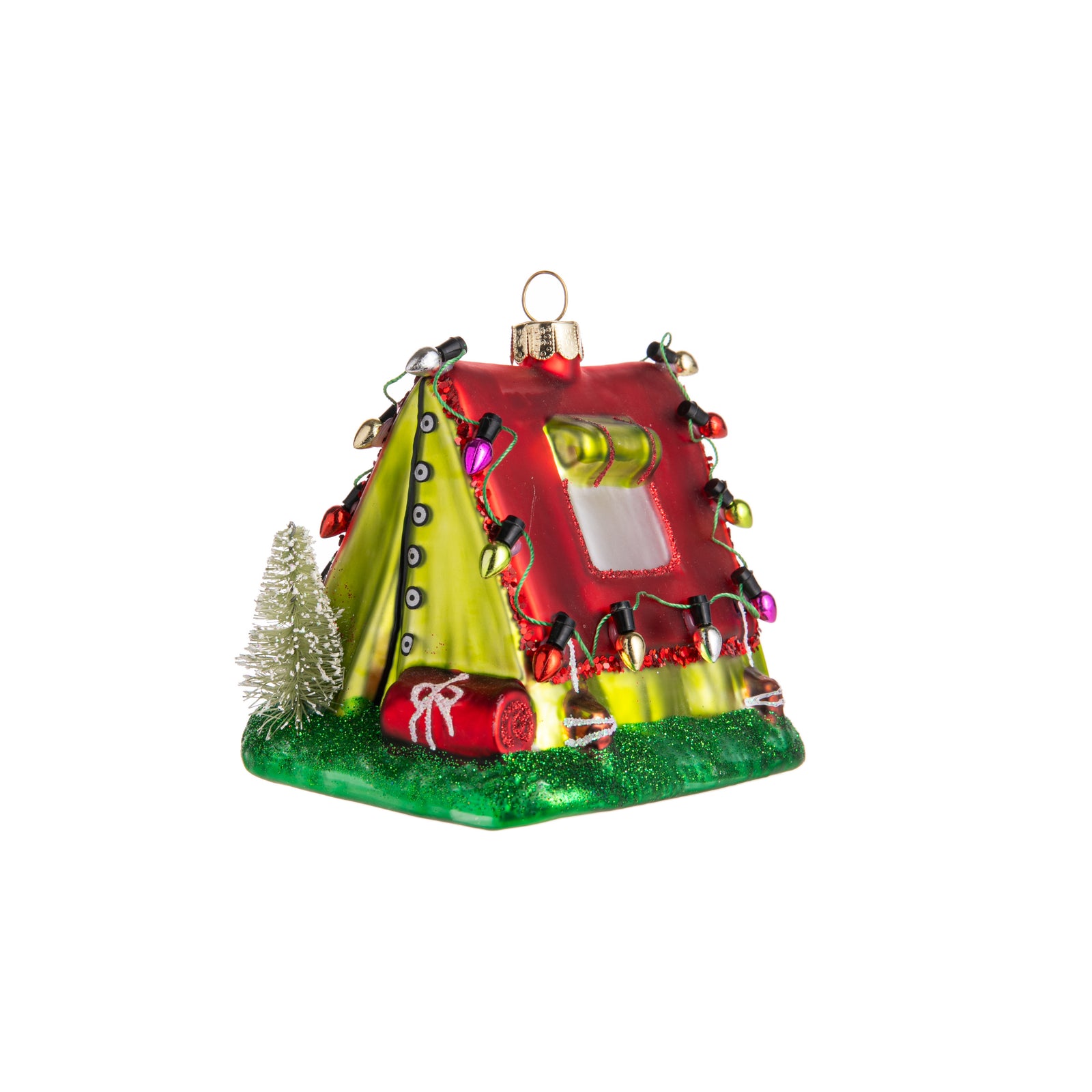 Calling all campers... This adorable camping tent glass ornament features shiny holiday lights, and a little snowy tree at its entrance. Hand-decorated with glitter, this ornament is a perfect gift to the outdoorsy folks in your life or to bring a little bit of outside in for the holidays. Dimensions: 2.75 L x 3" W 