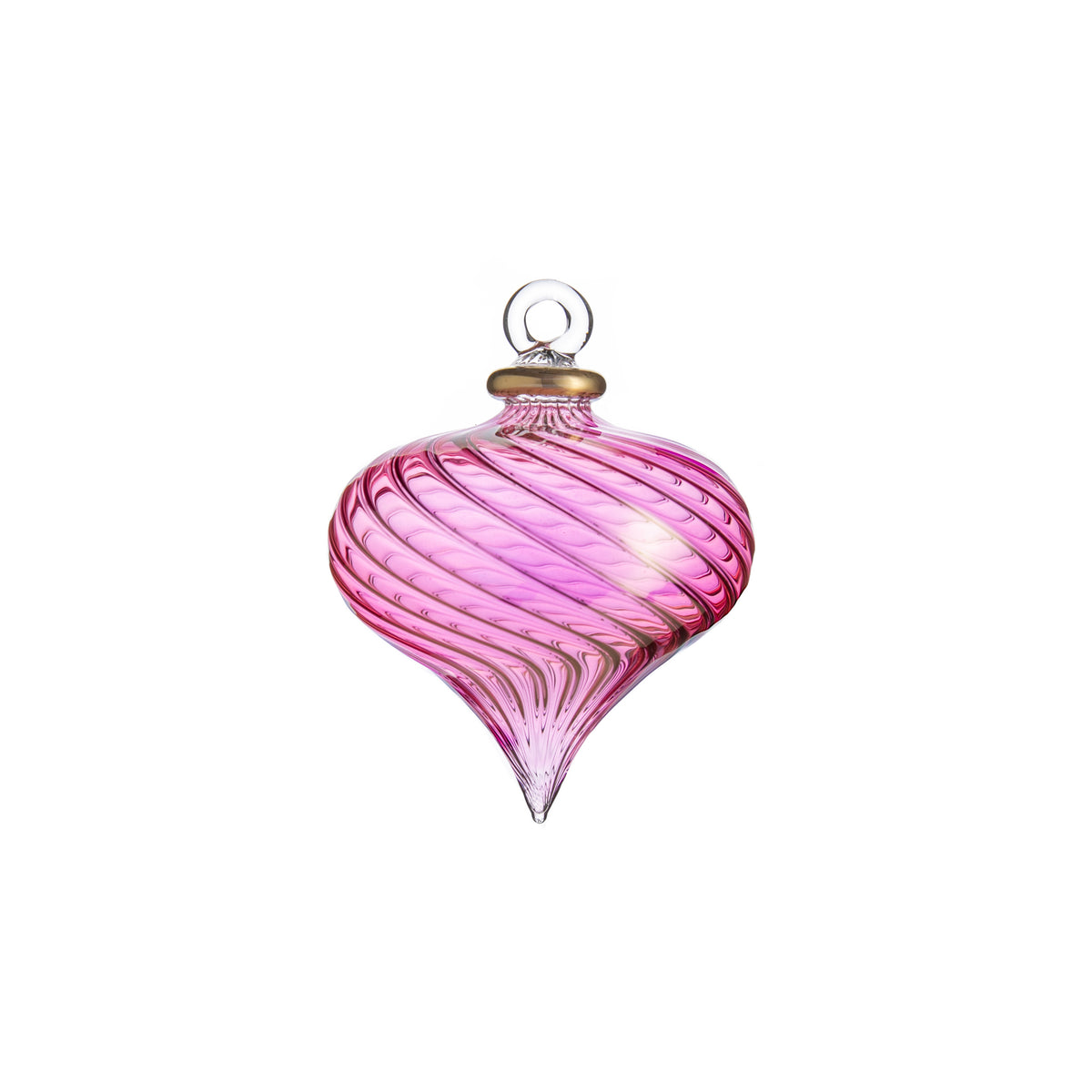 This stunning collection of glass ornaments is hand blown and hand finished by artisans in Egypt. Each piece is carefully sculpted, etched, accented with 24k gold and fired in a special oven . This pretty heart-shaped glass ornament has a twisted and ribbed pattern. Dimensions: 5" x 3 1/2".