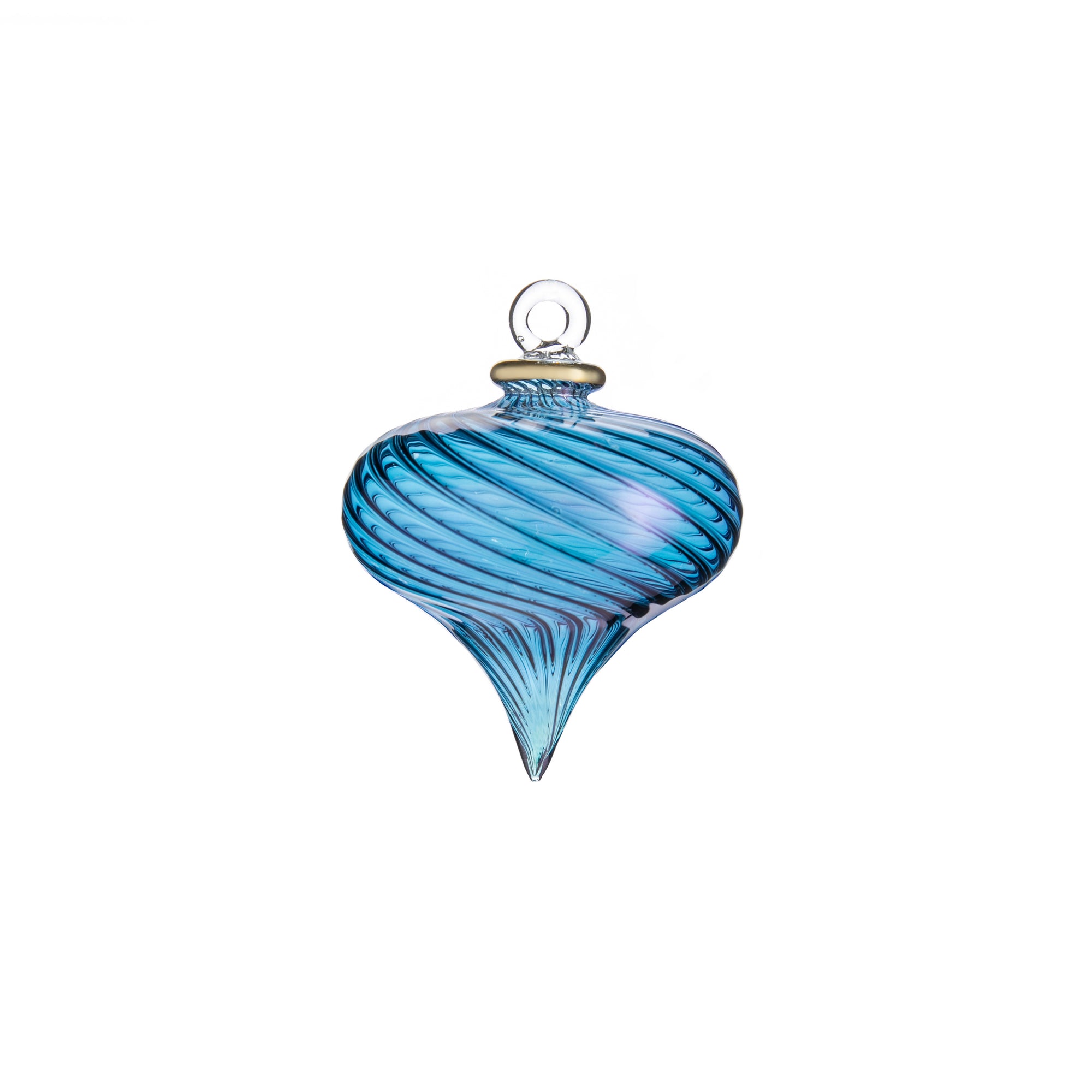 This stunning collection of glass ornaments is hand blown and hand finished by artisans in Egypt. Each piece is carefully sculpted, etched, accented with 24k gold and fired in a special oven . This pretty heart-shaped glass ornament has a twisted and ribbed pattern. Dimensions: 5" x 3 1/2".