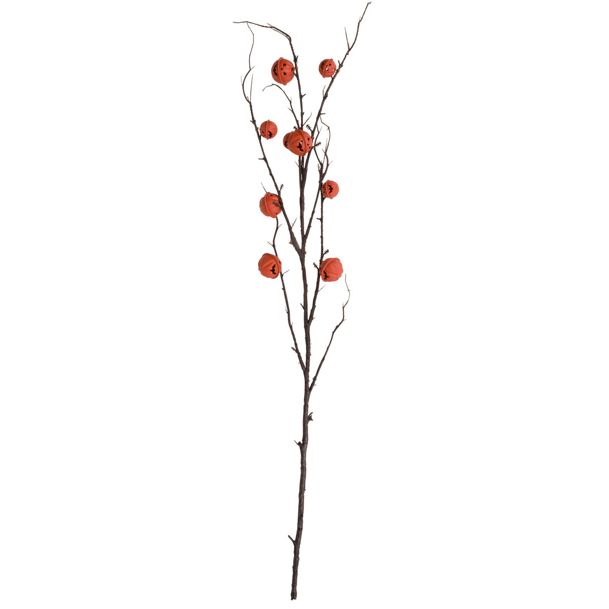 A decorative artificial branch with thin dark brown twigs and multiple small round orange jack o' lanterns, isolated on a plain white background.