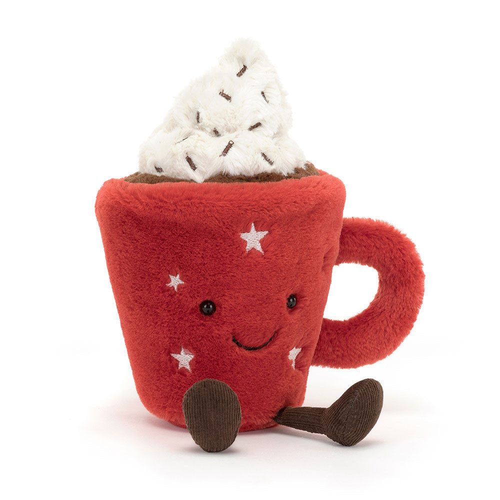 Amuseable Hot Chocolate is a comforting mug of softness. With scarlet fur, embroidered stars and kicking cord boots, as well as fluffy cocoa, a quiff of cream and stitched chocolate sprinkles, this cup is a treat on chilly days! Dimensions: 9.4" x 3.5" x 3.1" Material: Polyester, Rayon, PE Beans Suitable from birth