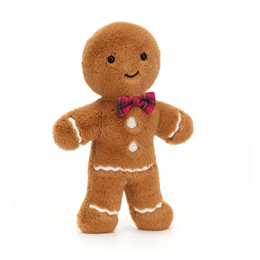 Jolly Gingerbread Fred is very debonair in soft golden biscuit fur with scalloped stitch icing, embroidered buttons, and a red tartan bow. He's so cuddly and cute, he might have to be your newest festive friend! Dimensions: 7.9" x 2.4" x 1.2" Material: Polyester, PE Beans Suitable from birth