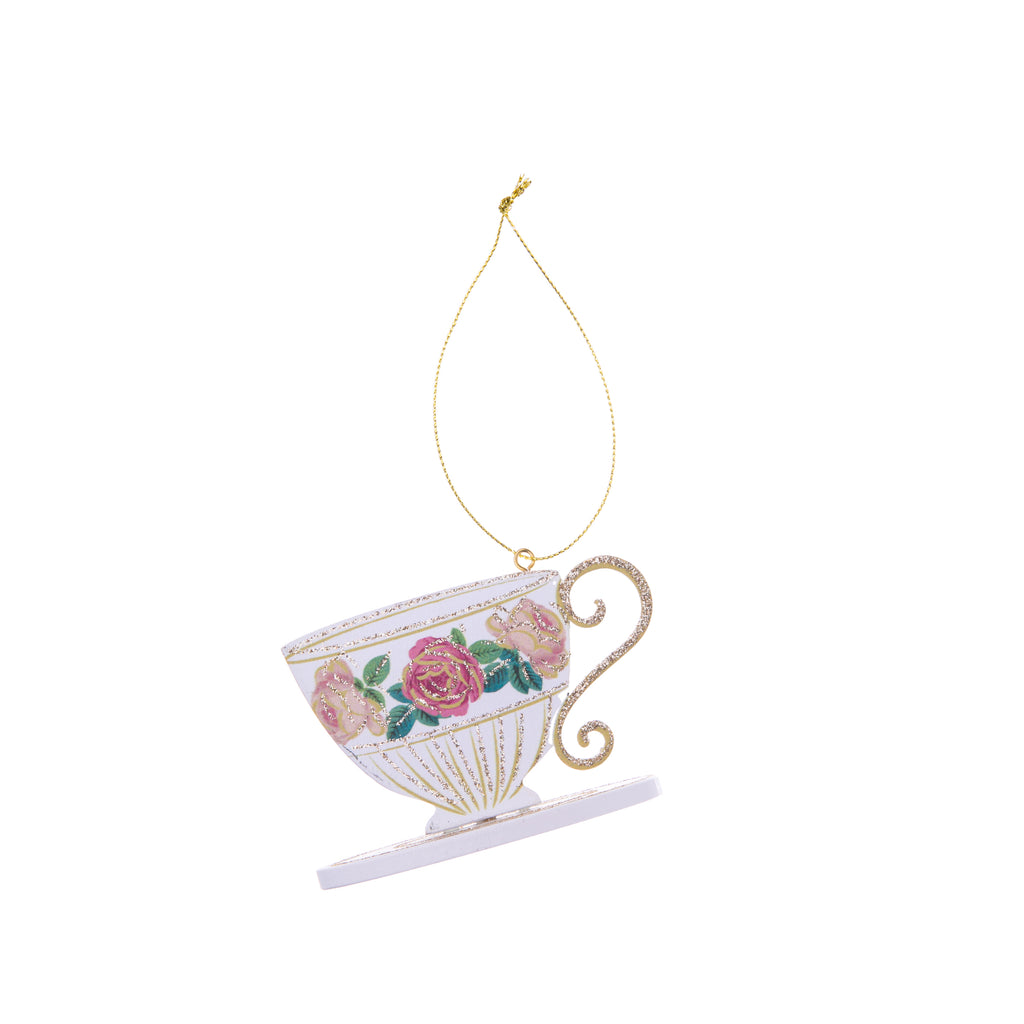 This adorable teacup decorated with pink roses is the perfect ornament for your tea party as well as holiday decor. With glitter and a flat base, this whimsical ornament is adorable hung up or to decorate your tabletop for a future tea party. Dimensions: 2.5" L x 3.75" W Material: Glitter-decorated wood