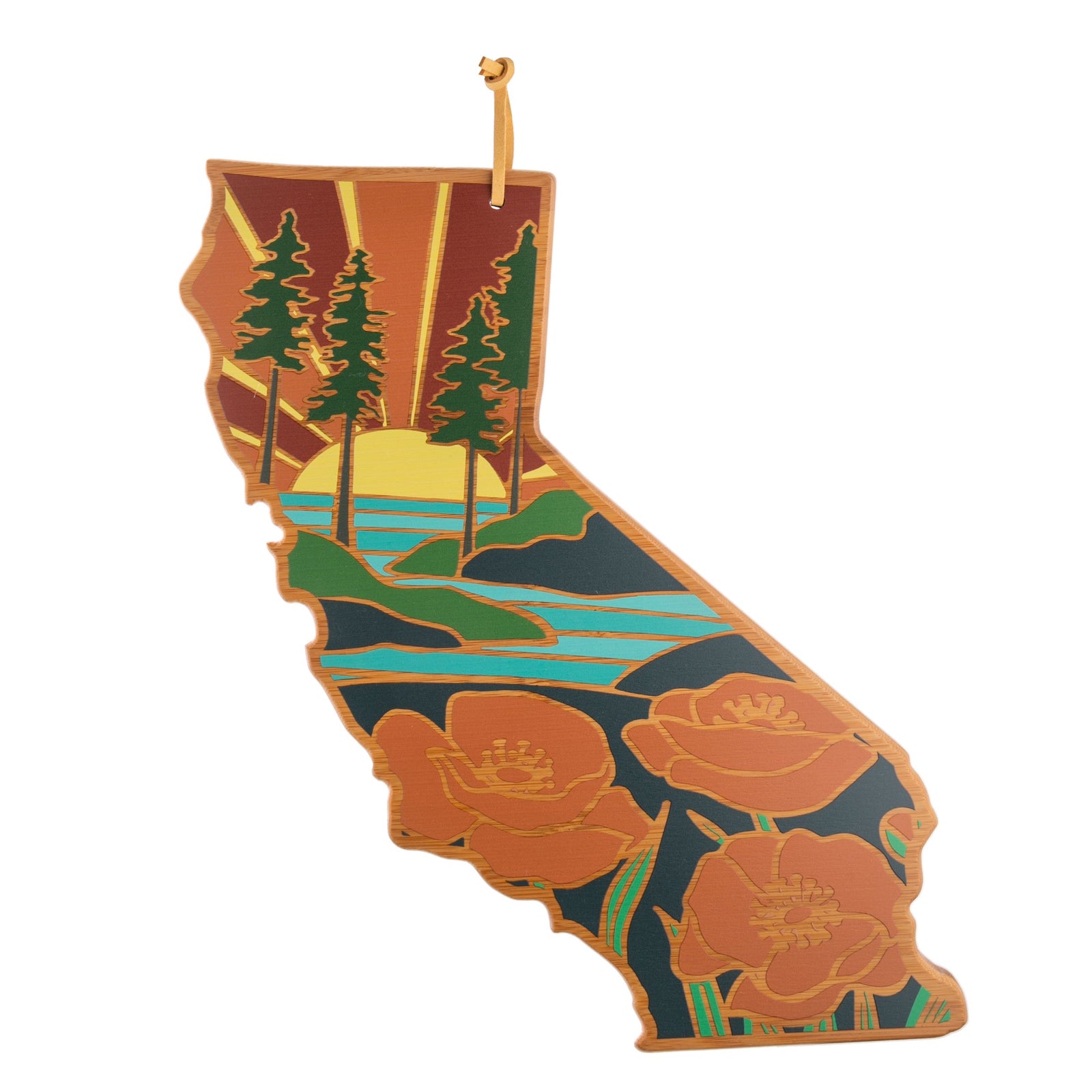 California-shaped cutting and charcuterie board with a colorful design featuring trees and flowers.