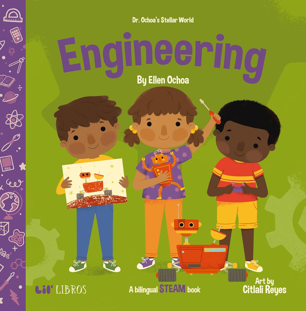 Little ones will be introduced to the world of engineering and how imagination leads to space exploration, like sending rockets back to the moon or programming rovers to roam the lands of Mars. Parents will adore this bilingual English-Spanish board book. Recommended age: Baby - 5 years Hardcover.