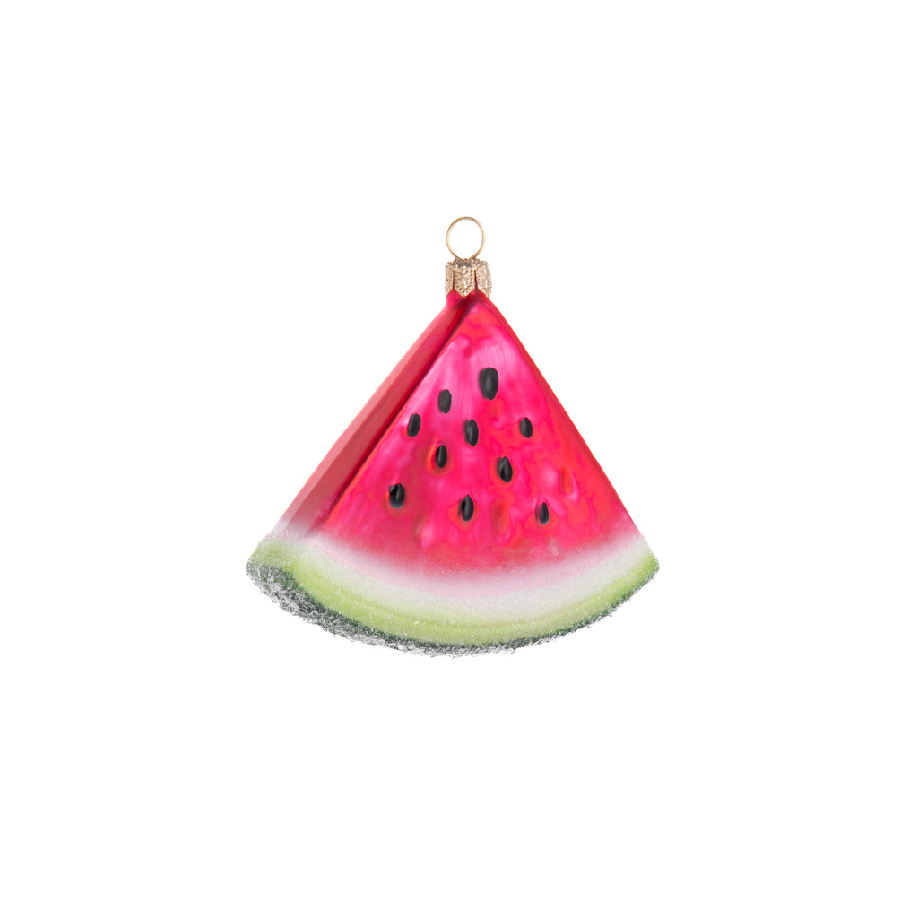 Add a sweet touch to your tree decor with this sparkling watermelon slice ornament This glass ornament is finished with hand painted and hand glittered details. Glass ornament Hand painted and glittered. Dimensions: 3" x 3" x 0.75".
