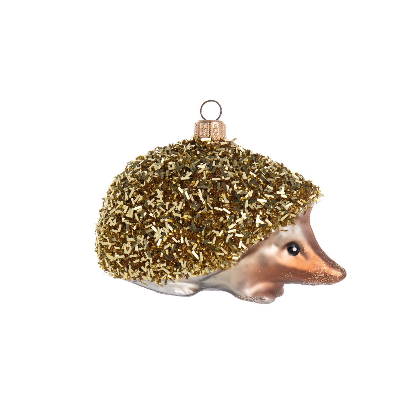 This hand painted glass ornament celebrates the beloved hedgehog, but with a decidedly glamorous twist! This cute critter has swapped its usual spines for twinkling gold glitter, ready to bring holiday cheer to your tree. Hand painted glass ornament Dimensions: 4" x 2.5"