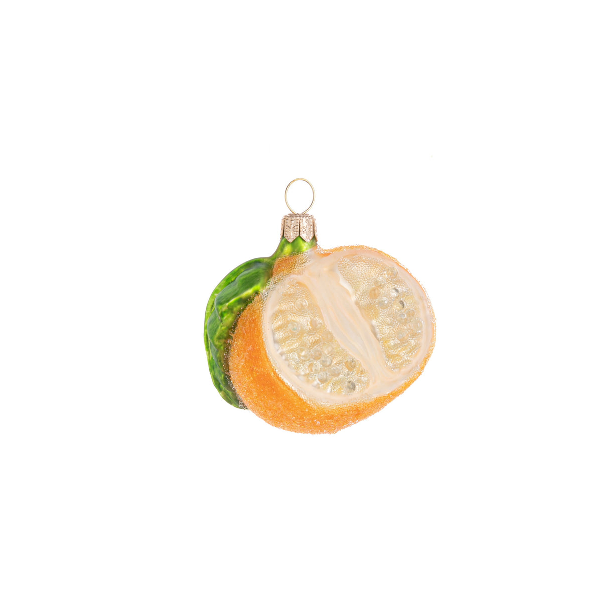 Why not celebrate the citrus with a sparkly mandarin orange as decoration? Decorated with glitter as well as enchanted frosting, this Enchanted Mandarin Orange slice ornament is a charming addition to your home and holiday decor. Hand painted glass ornament Dimensions: 2.5" x 2.2"