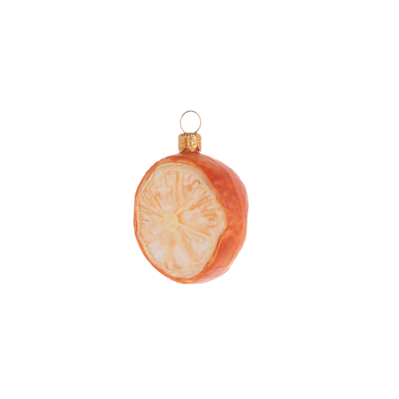 Celebrate the citrus with this slice of an adorable Enchanted Mandarin Orange! Hand crafted and painted, this Enchanted Mandarin Orange slice ornament is a very sweet addition to your home and holiday decor. Hand painted glass ornament Dimensions: 2.5" x 2"