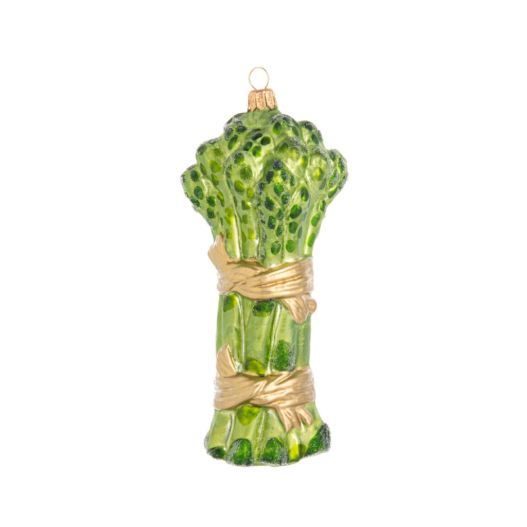 Asparagus has never looked so elegant!   This bountiful bunch is tied with golden ribbons and sprinkled with festive frosting.  Hand-decorated glass ornament Dimensions: 7" x 2.5".