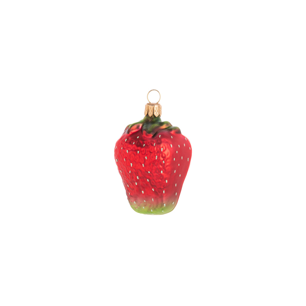 Care for something sweet? Add this Juicy Strawberry ornament to your home and holiday decor. Hand crafted and painted, this Juicy Strawberry ornament is a delightful addition with little white seed details as well as a painted green stem on top. Hand painted glass ornament Dimensions: 3" x 2"