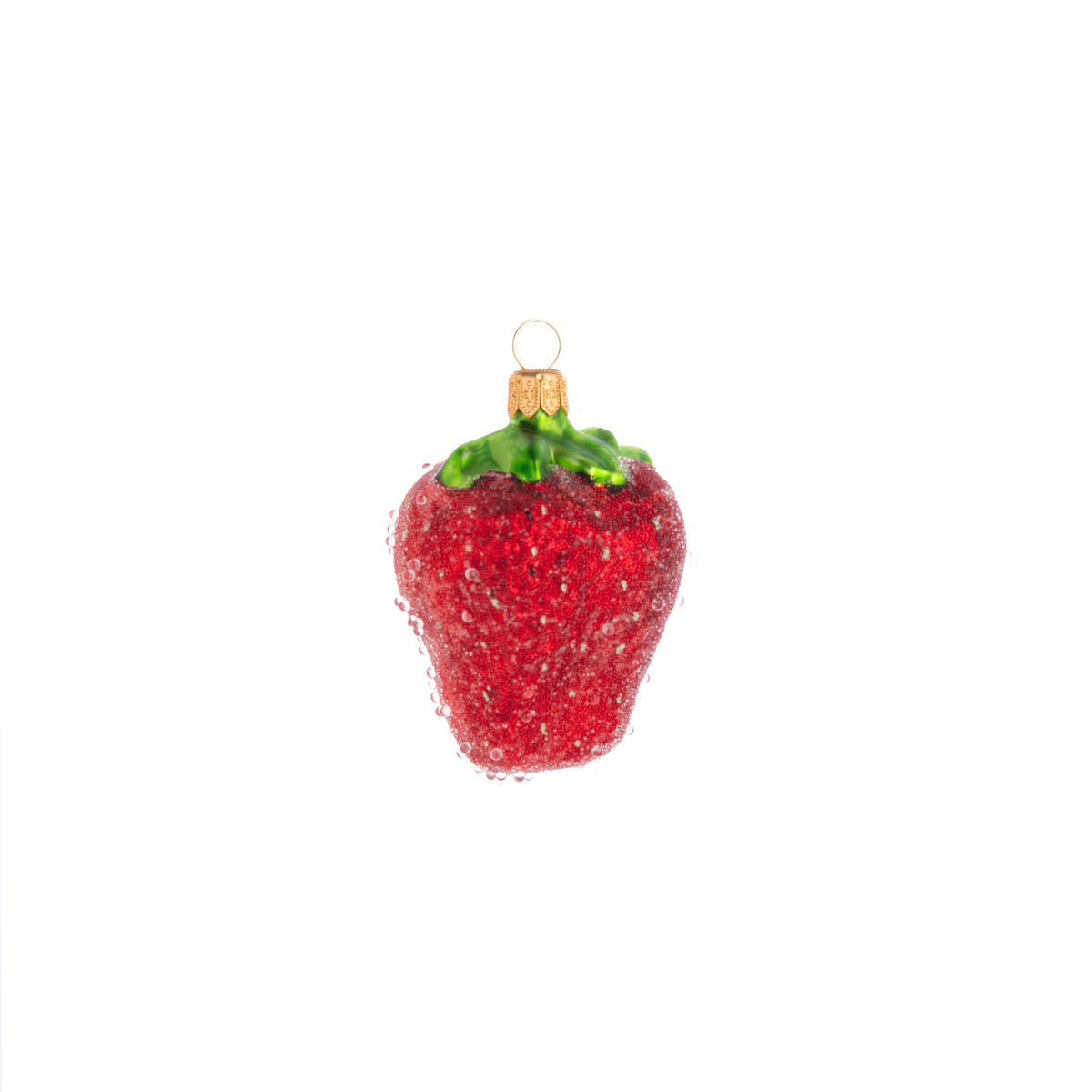 This pretty little strawberry has been sprinkled with some enchanting holiday magic! A fun and fruity glass ornament which is sure to add a berry-sweet touch to your holiday decor. Glass ornament Dimensions: 3&quot; x 1.75&quot;