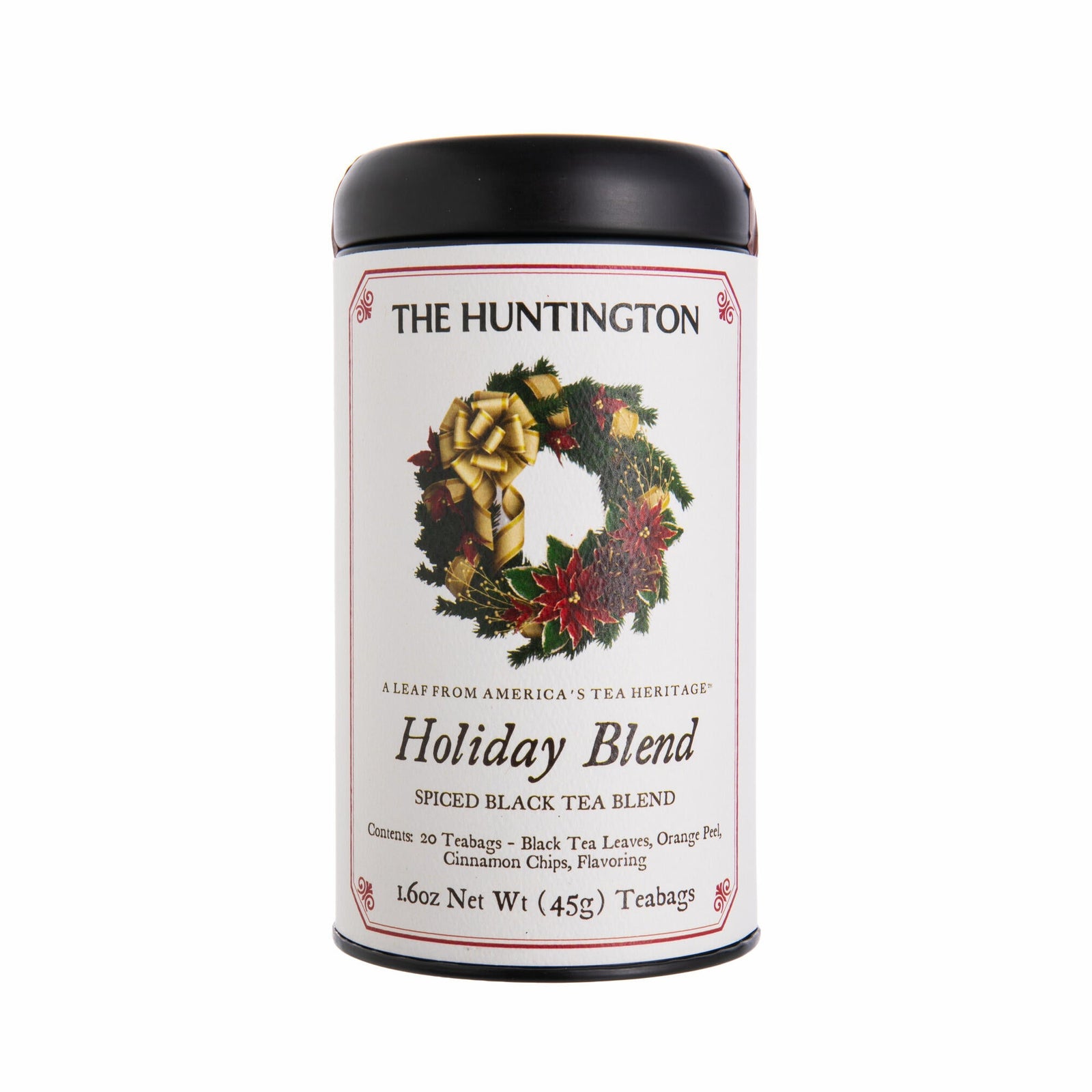 Tea canister labeled 'The Huntington Holiday Blend' with a festive design on a white background