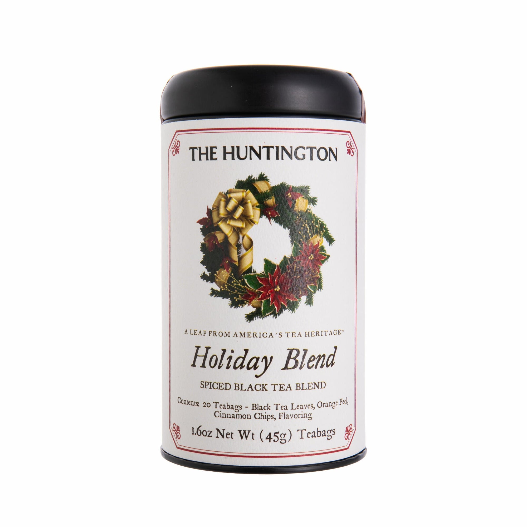 Tea canister labeled 'The Huntington Holiday Blend' with a festive design on a white background