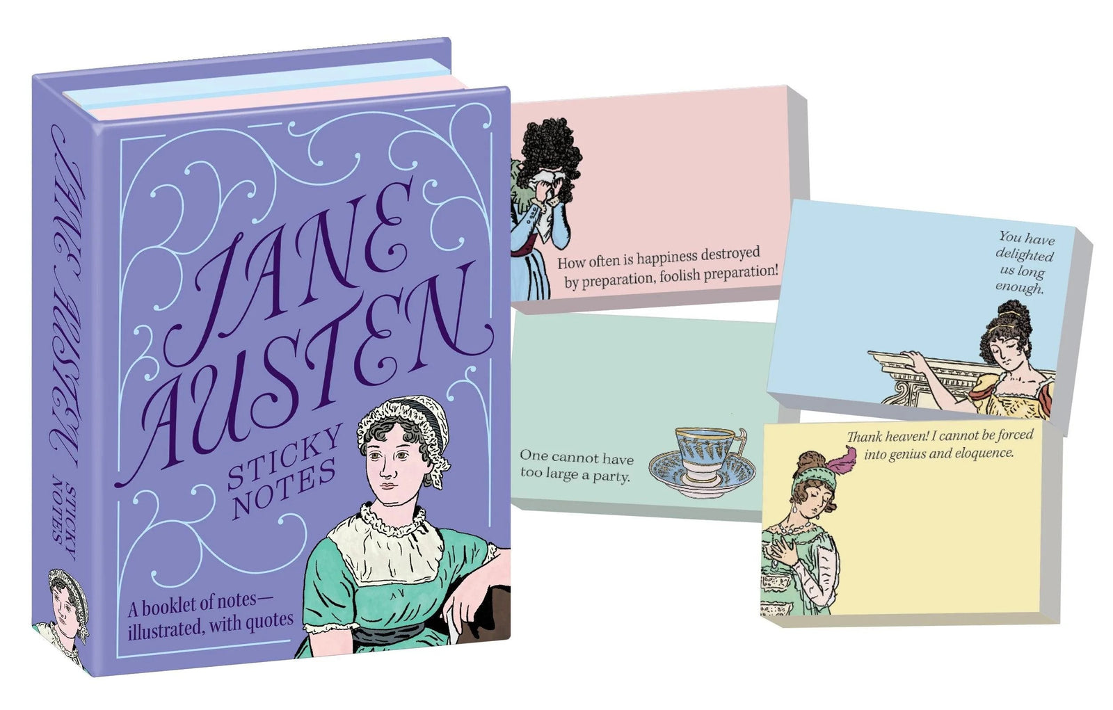 These Jane Austen Sticky Notes with quotes from her beloved stories are great for using at your desk, or sticking anywhere you need a reminder from the Regency era's iconic author. Comes in a booklet, with 4 different colors and 4 different quotes. Booklet with 4 styles of notes Dimensions: approx. 4.25" x 3.25"