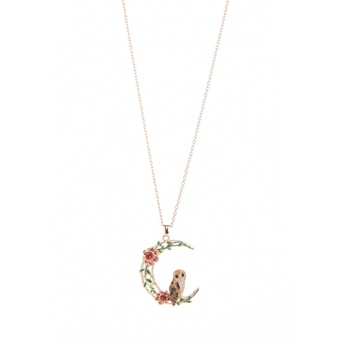 This owl perches on a 18ct gold-plated moon adorned with enamel flowers. Even though this owl enjoys nocturnal activities, this necklace is enchanting for day or night. Material: 18ct Gold-plated Brass, Enamel Dimensions: Chain Length - Approx. 18&quot; plus 2&quot; extender, Pendant - Approx. 1&quot; x 1.2&quot; Lobster claw fastening