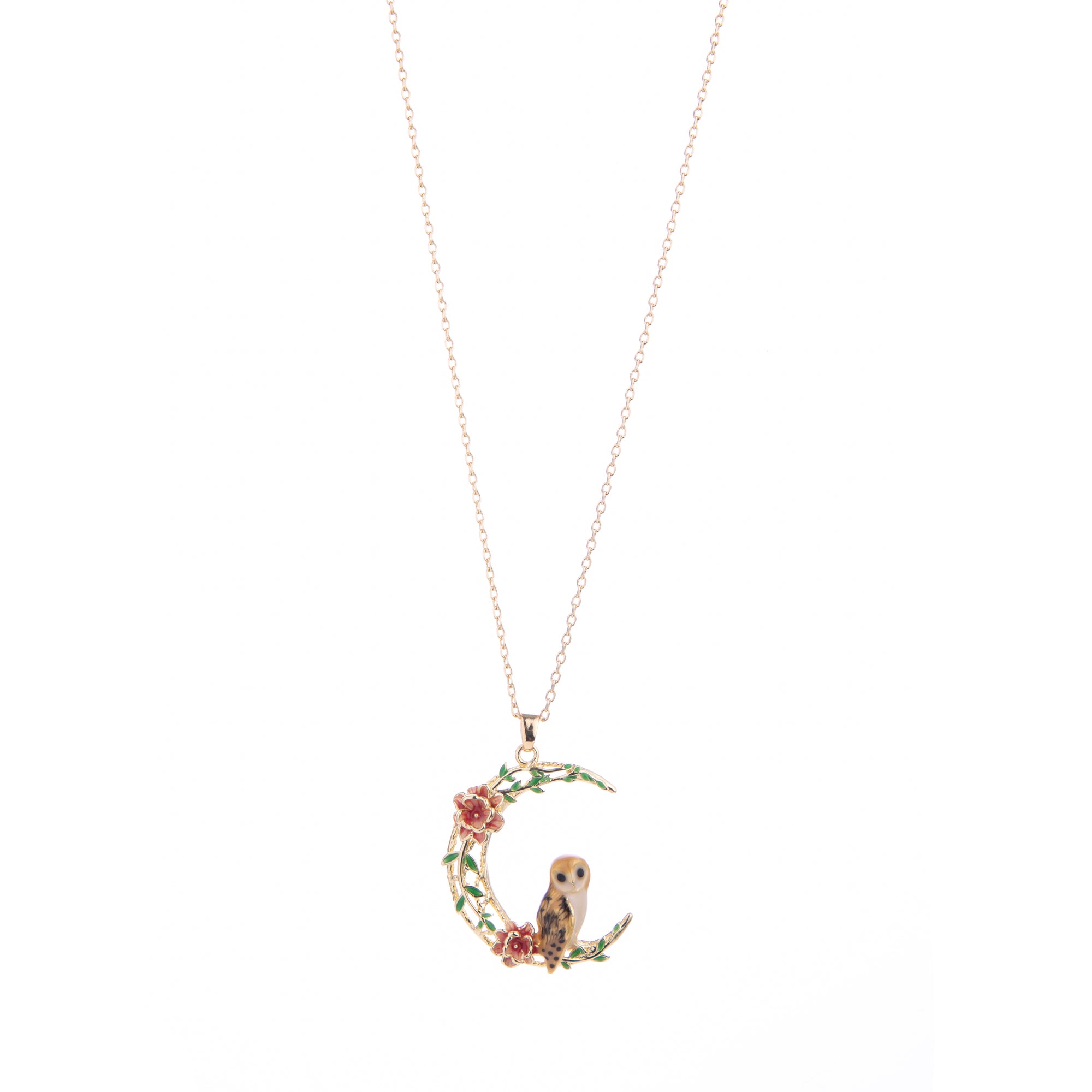 This owl perches on a 18ct gold-plated moon adorned with enamel flowers. Even though this owl enjoys nocturnal activities, this necklace is enchanting for day or night. Material: 18ct Gold-plated Brass, Enamel Dimensions: Chain Length - Approx. 18" plus 2" extender, Pendant - Approx. 1" x 1.2" Lobster claw fastening