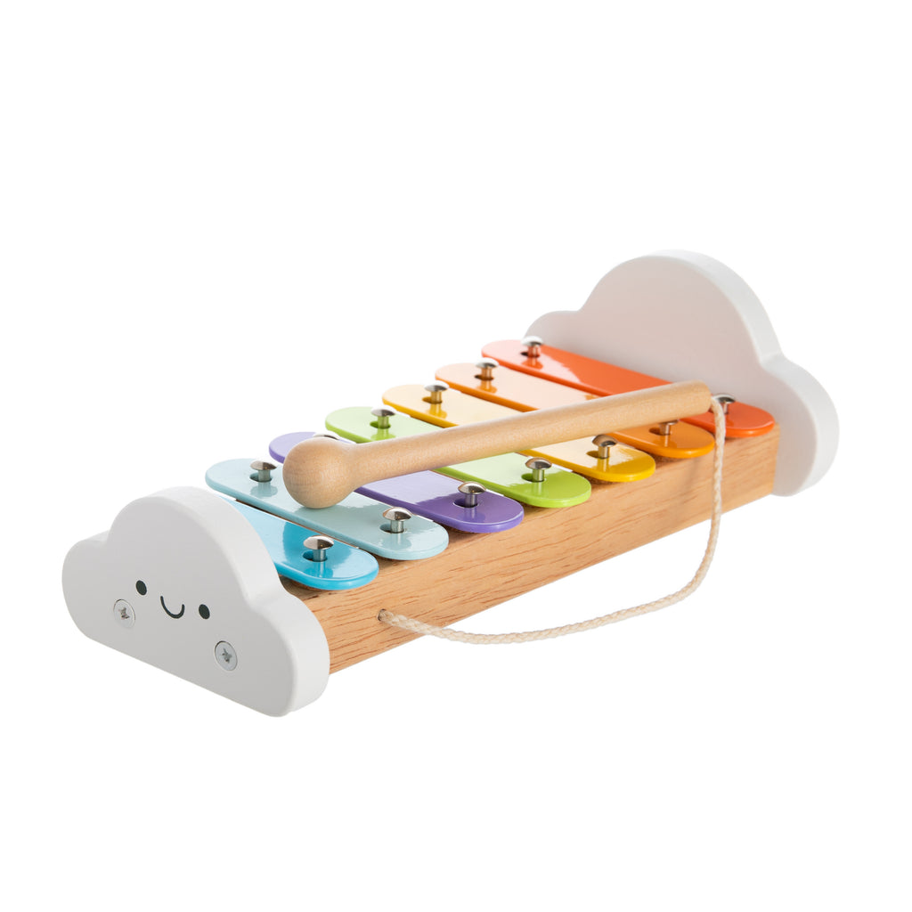Encourage an interest in music with this delightful xylophone. This plastic-free toy is crafted from a mix of FSC®-certified wood and metal, and it includes a musical stick for tapping out a melody. The sweet cloud design and colorful keys will appeal to your tiny musicians as they hone their dexterity and grasping skills with this lovely traditional instrument. Suitable for ages 18+ months.