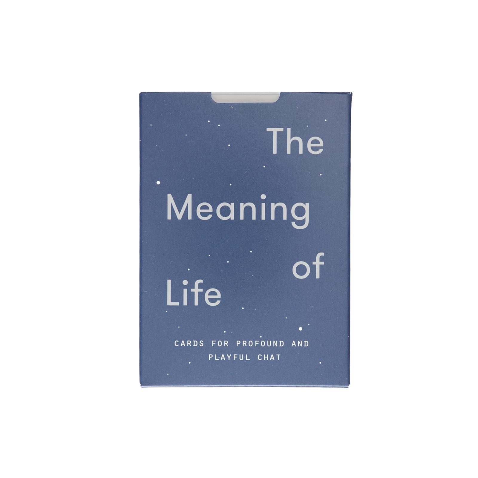 The Meaning of Life cards deck box, featuring a dark blue starry pattern with white text, shown on a plain white background.