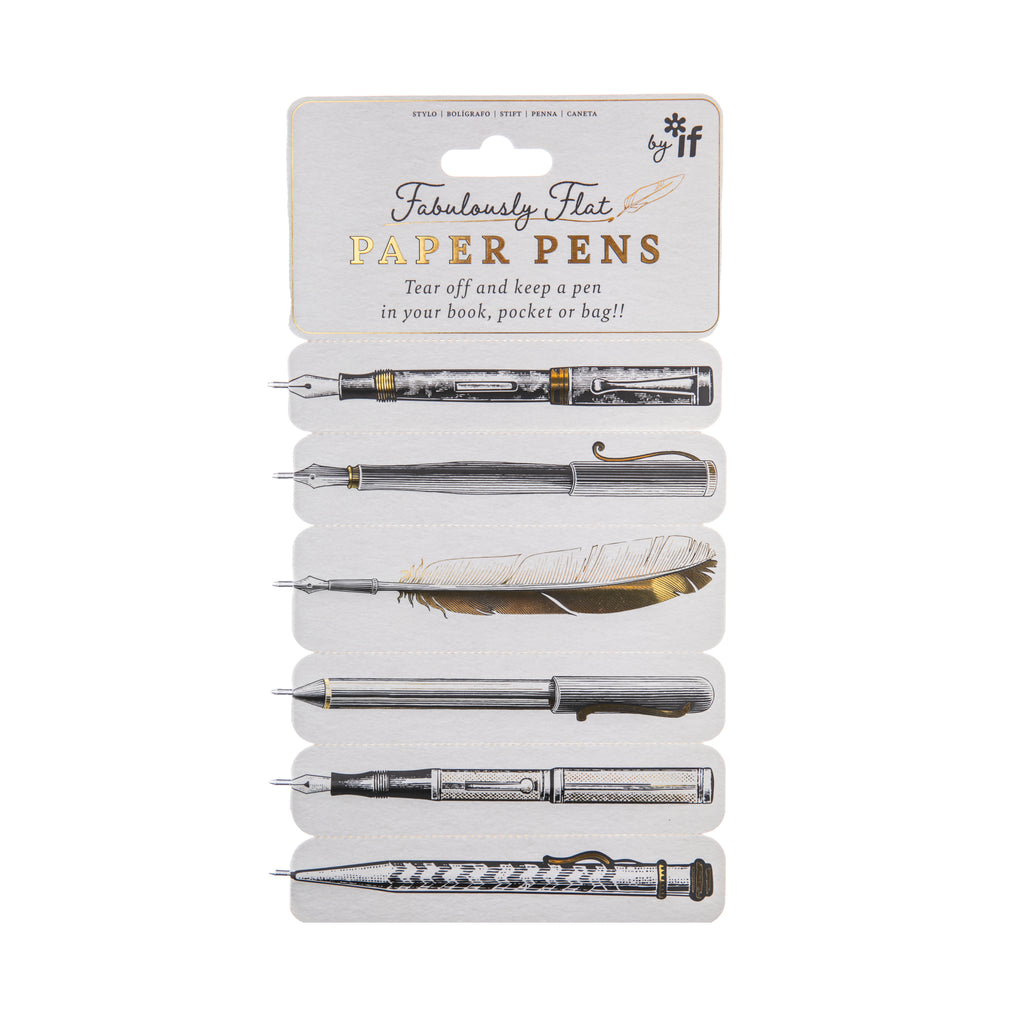 These unique paper-encased pens are flat enough to use as a handy bookmark and slender enough to slip into your pocket! Tear off one of these pens and write to your heart’s content. 6 illustrated gold foil designs are printed on both sides Black ink. Dimensions of complete card: 9" x 4.75" Each pen: 4.75" long.