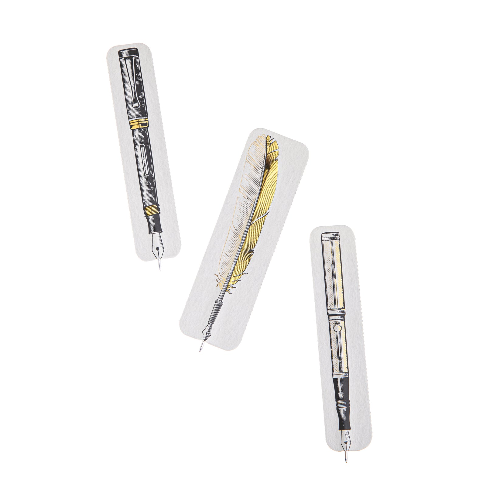 These unique paper-encased pens are flat enough to use as a handy bookmark and slender enough to slip into your pocket! Tear off one of these pens and write to your heart’s content. 6 illustrated gold foil designs are printed on both sides Black ink. Dimensions of complete card: 9" x 4.75" Each pen: 4.75" long.