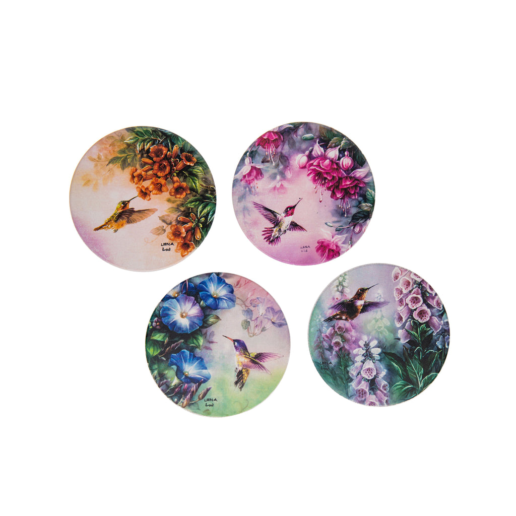 This set of four hummingbird coasters has a hummingbird mid-flight with various colors and flowers. The coasters are made of stone and have a cork backing.