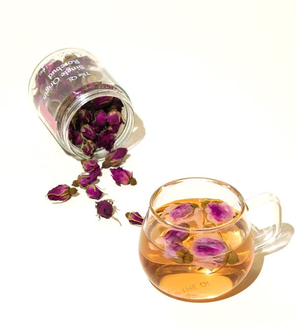 Known for its potential health benefits, rosebud tea is often associated with relaxation, improved digestion, and an increased sense of well-being. Infuse these rosebuds in hot water to release a delicate, fragrant aroma offering a delightful and soothing tea experience. Ingredients: dried rosebuds. 1.23-oz. glass jar.