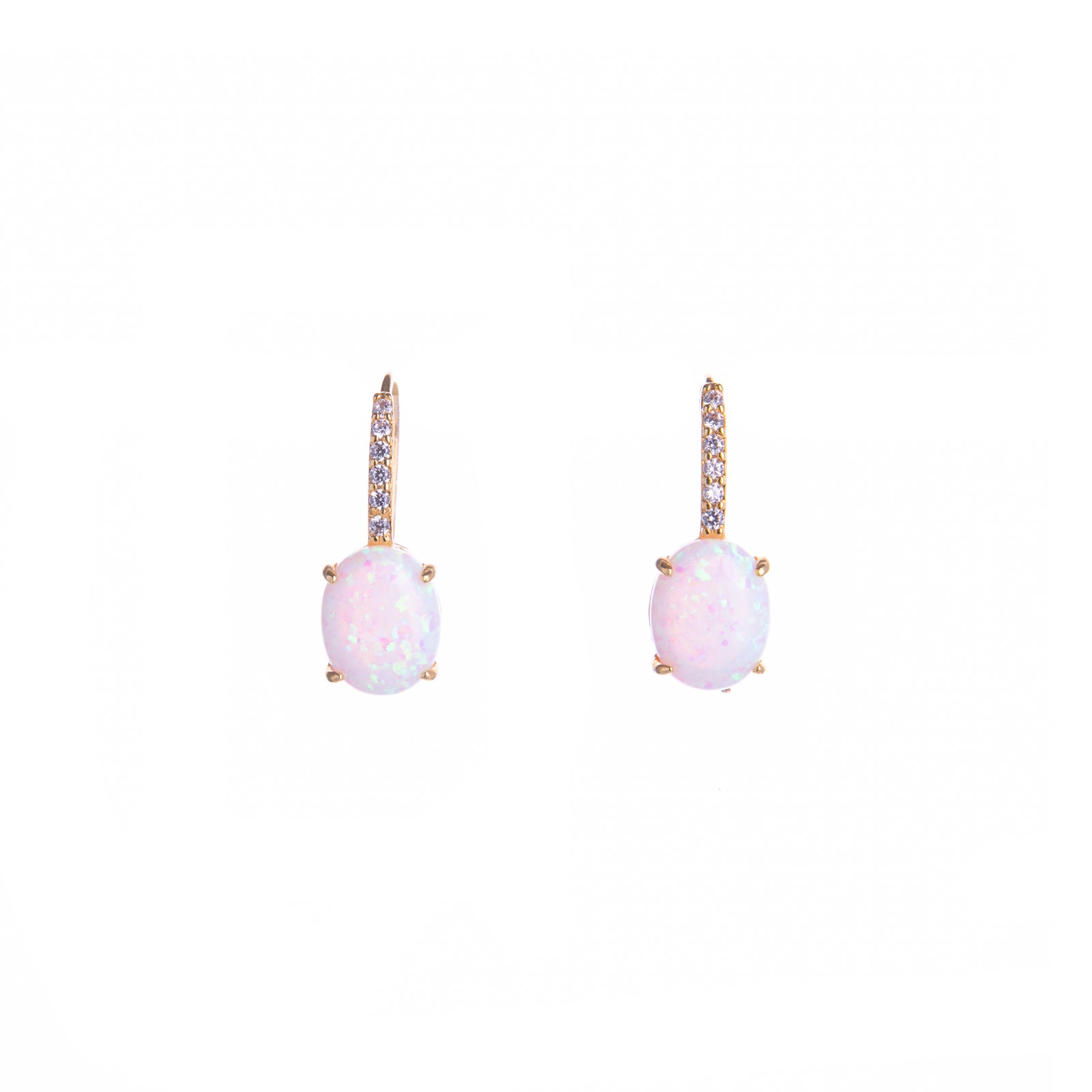 In many cultures, opals were symbols of good luck and royalty. These Opal and CZ hook detail earrings are sure to bring a lot of sparkle. With CZ that brings out the shimmer of the stunning opal, these earrings will make you feel like royalty. Material: Gold-plated Brass, CZ, Opal Dimensions: Lead, Nickel-free