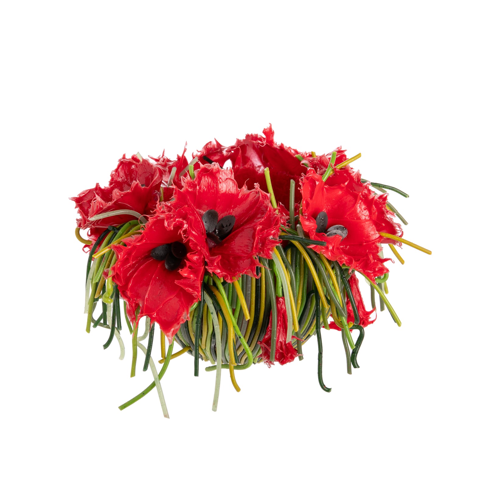 Bright red poppies burst into full bloom on this charming and unique silicone art vase. Crafted entirely by hand in Italy, this distinctive piece will add a captivating touch to any room. It’s fun and unconventional while also being stylish and functional. Material: 100% silicone Dimensions: 11.8" x 7.1". Made in Italy