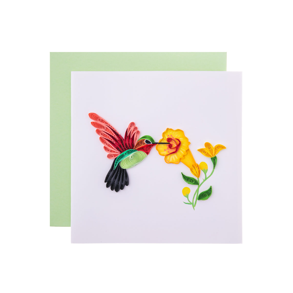 In quilled detail, the hummingbird takes a sip from a yellow flower on this blank card. Perfect for a message to a loved one, for a birthday or a special milestone. Each card is handmade by a skilled artisan. Outside Copy: Blank Inside Copy: Blank plus additional blank insert for your own message Dimensions: 6&quot; x 6&quot; 