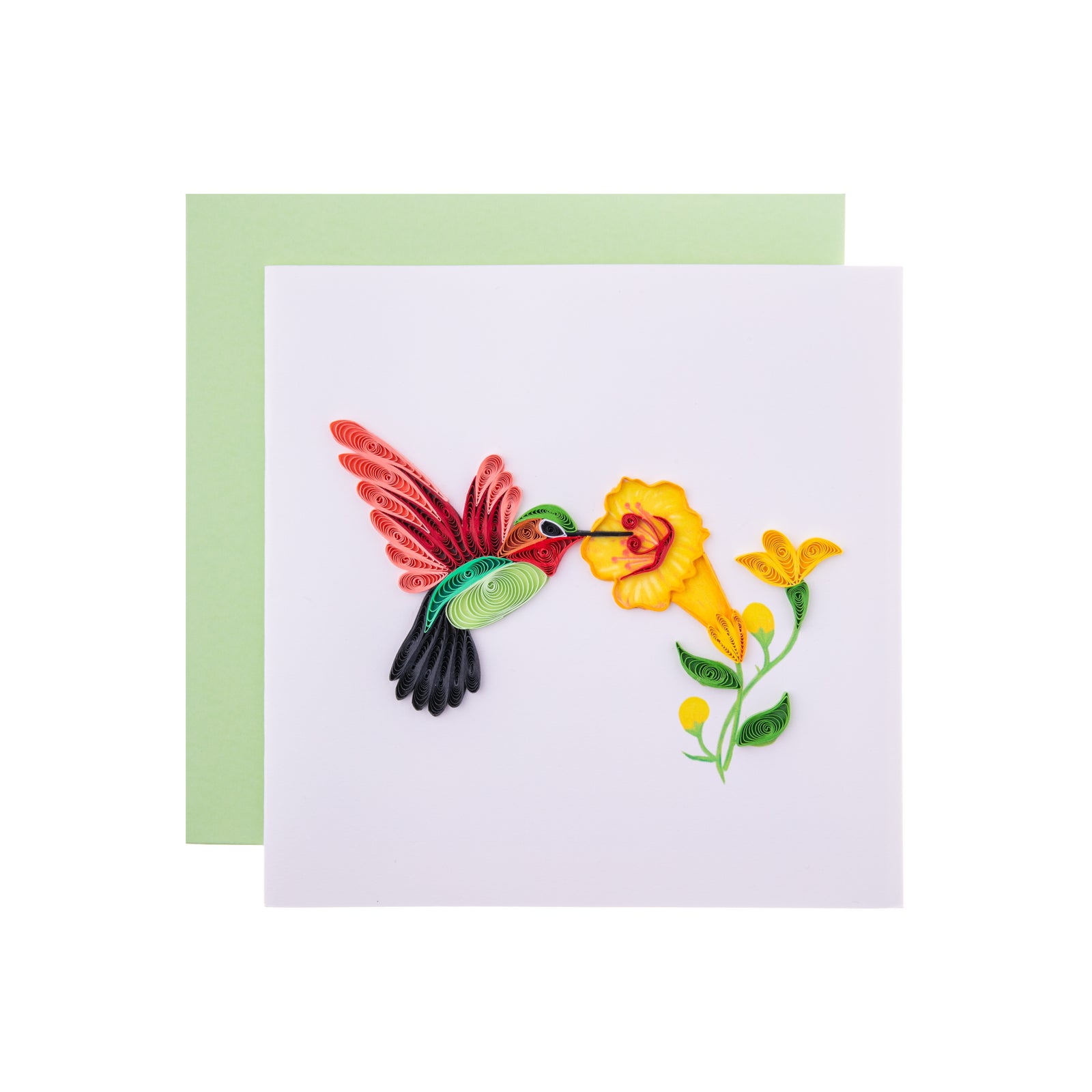 In quilled detail, the hummingbird takes a sip from a yellow flower on this blank card. Perfect for a message to a loved one, for a birthday or a special milestone. Each card is handmade by a skilled artisan. Outside Copy: Blank Inside Copy: Blank plus additional blank insert for your own message Dimensions: 6" x 6" 
