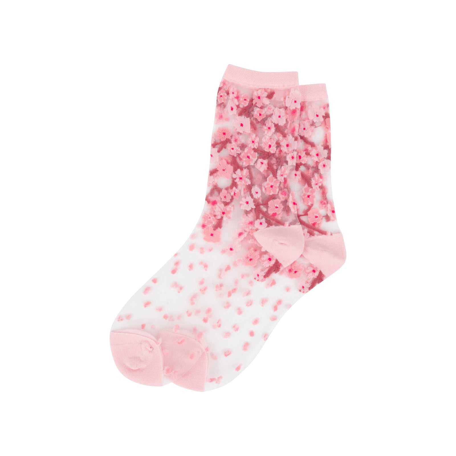 Pair of pink and white socks with floral pattern on a white background