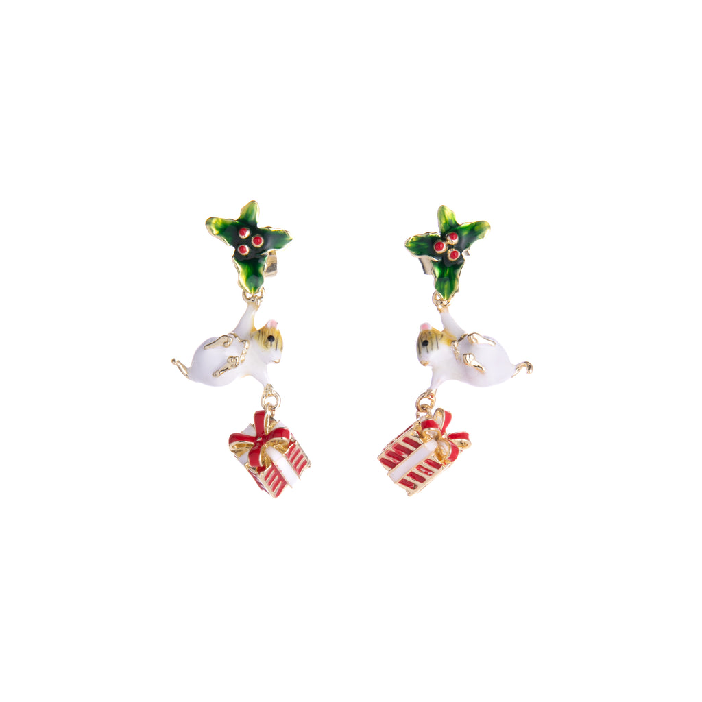 These holiday-themed drop earrings feature a field mouse clutching a present underneath a sprig of holly. The enamel is hand-painted, and the gold-plated detail brings glam to this earring. Wear for a holiday party, or all season long Material: Gold-plated Brass, Enamel Dimensions: Approx. 0.6" x 1.2" Stud post earring