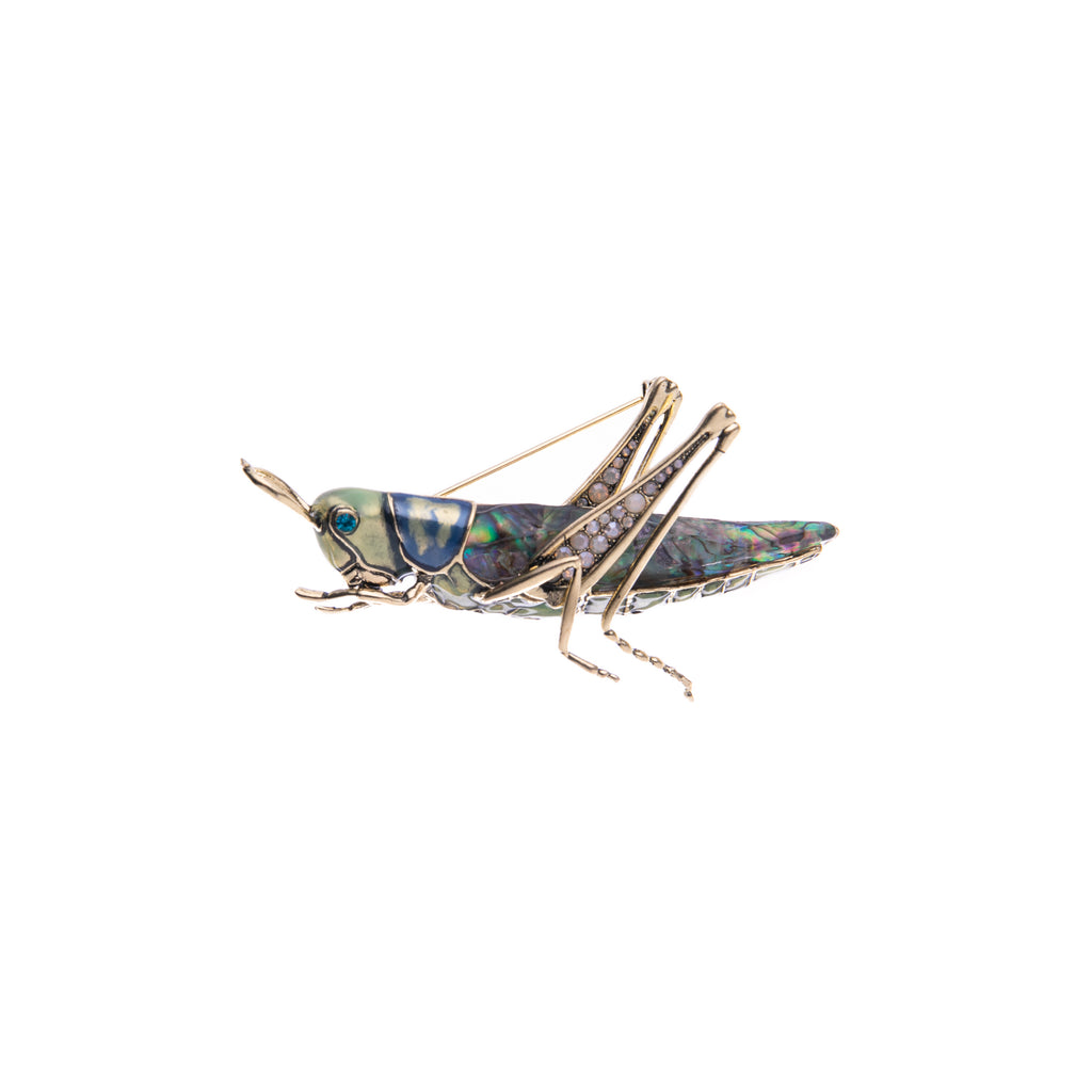 This iridescent grasshopper would love to hop right onto your outfit! With iridescent hues of blue, pink, and green as well as crystal detail and a blue crystal eye, this bug is sure to add an extra level of charm to any look. Dimensions: Approx. 1.5" W x 3" L Materials: Gold-plated Brass, Enamel, Acrylic Resin