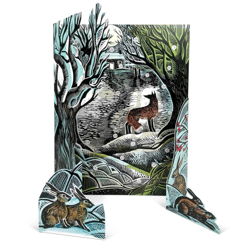 Harness the magic of the winter with this Midnight Fox Advent Calendar. This illustrated advent calendar is free-standing and features 3D elements of a tree and hares. This winter scene is perfect for colder months and the holiday countdown. Dimensions: Approx. 12.6" x 16" Printed on high-quality paper 3D pop-up