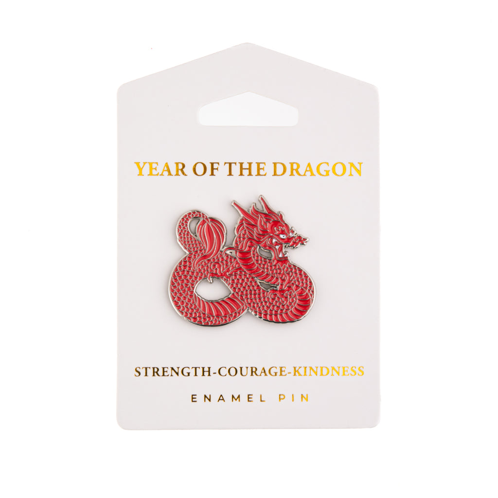 Pin a symbol of good luck and good fortune to your lapel, hat, backpack and more with this vibrant red dragon enamel pin. Metal & enamel pin. Dimensions: 1.5" x 1.25".