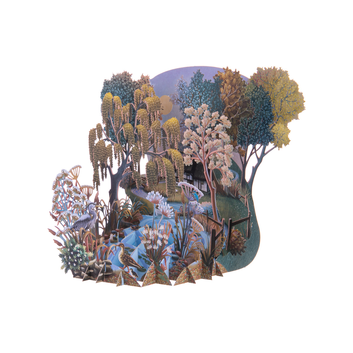 This 3D notecard features a snapshot of summer, with a house surrounding a pond and nature imagery. With willow trees, ducks, and critters, this card is sure to brighten someone&#39;s day. The 3D effect makes it so the card can sit on a tabletop, and is blank for your own personal message. Dimensions: 6.5&quot; x 6.5&quot; 