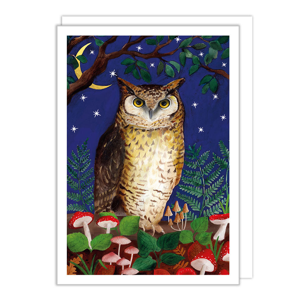 Decorated with a crescent moon, the starry sky, and mushrooms galore, this notecard is perfect for the lover of all things nocturnal in your life. A great blank card for a special occasion.  Inside of card is blank for personal message Dimensions: approx. 5&quot; x 7&quot; Printed on FSC certified board Envelope color: white