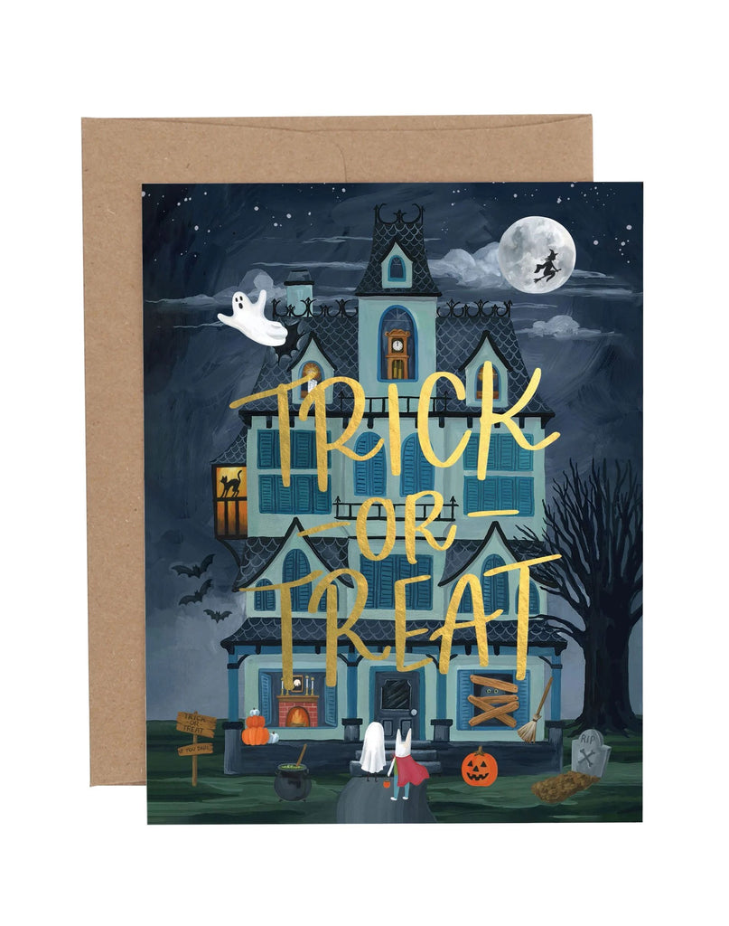 This Halloween notecard features the iconic Halloween phrase "TRICK OR TREAT" in gold foil, which makes this card stand out. Also featuring a haunted house and trick-or-treaters, this blank on the inside card is perfect to send a spooky message to a loved one. Gold foil detail Dimensions: 4.25 x 5.5" Blank interior