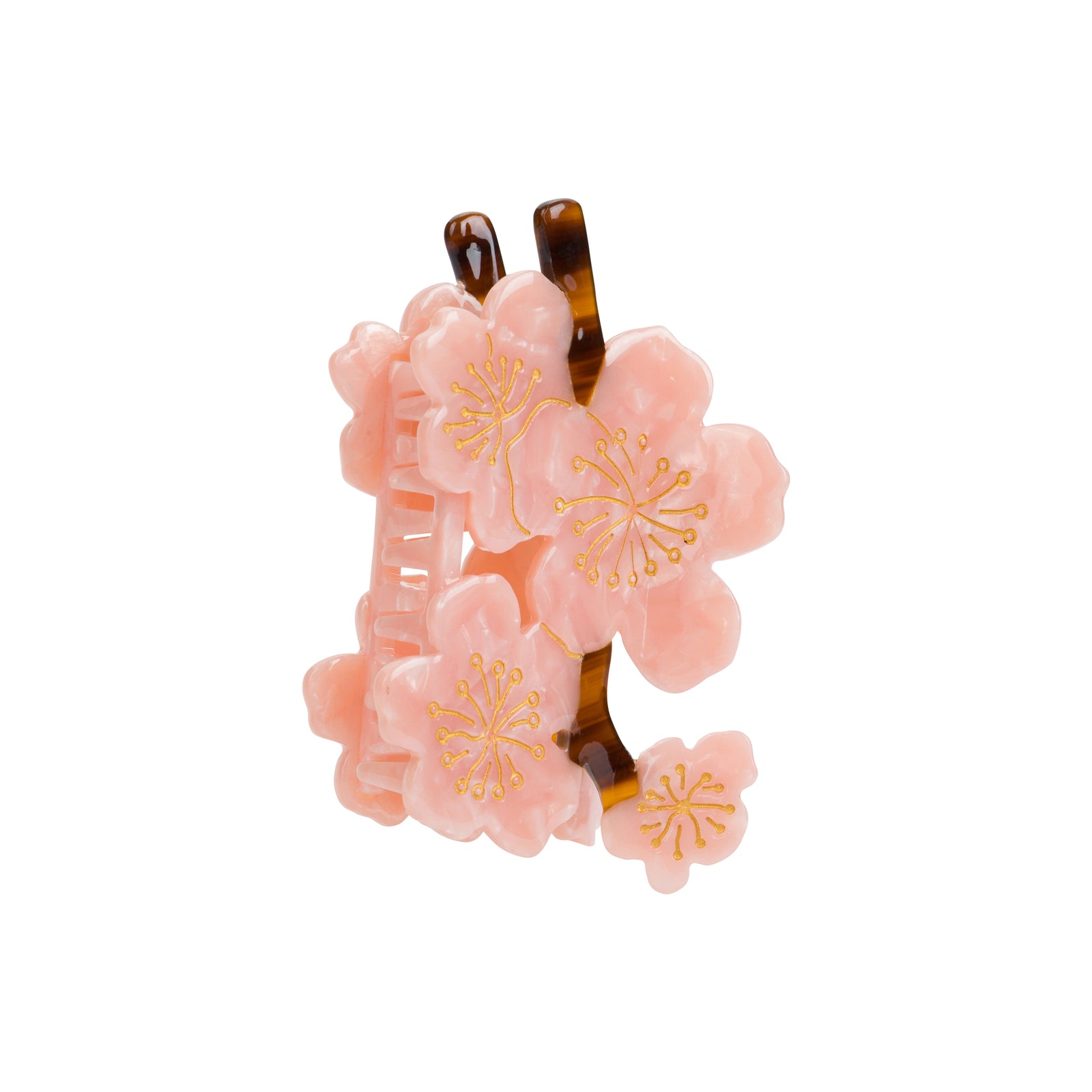A hair claw clip shaped like pink cherry blossom flowers on a white background.