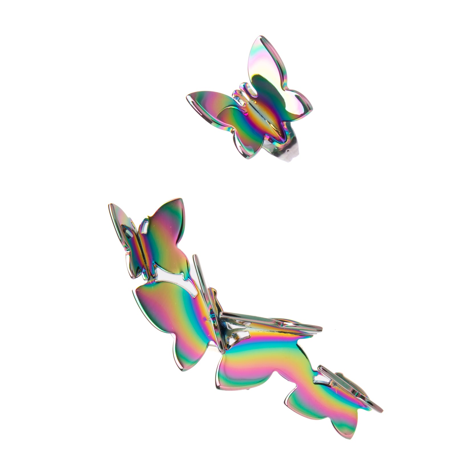 The perfect earrings for anyone who wants something outside the ordinary. In this mix-and-match pair, one earring has a cascade of butterflies, whilst the other is a single butterfly. Can be worn as a pair, or mixed and matched with other earrings. Cascade earring: 2" x 0.75". Single butterfly earring: 0.5" x 0.5".