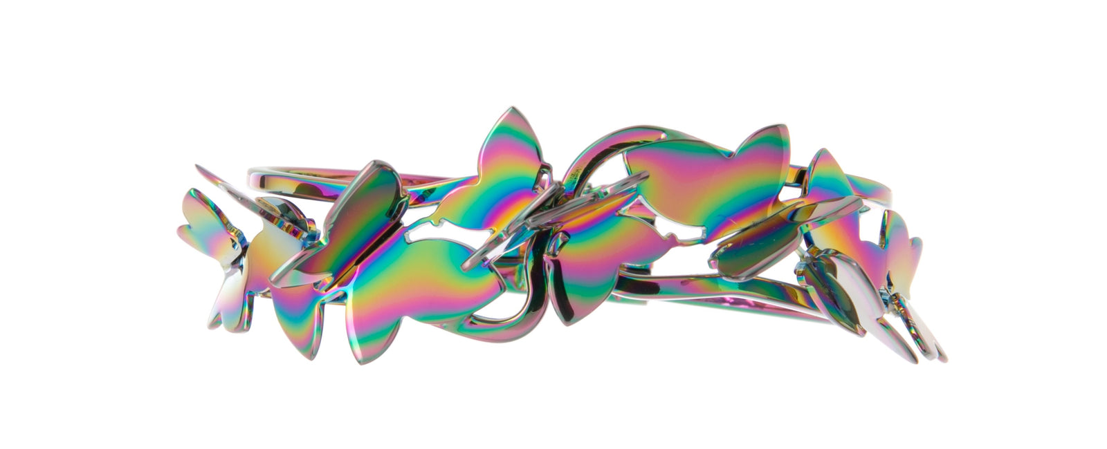 This beautiful bracelet features a cluster of fluttering, rainbow-colored butterflies on a hinged clamper cuff bracelet.  Handcrafted in an artisan workshop in Italy, this high-quality piece will add an interesting finishing touch to any outfit.  Handcrafted in Italy. Materials: Bronze and brass. Palladium plated. 