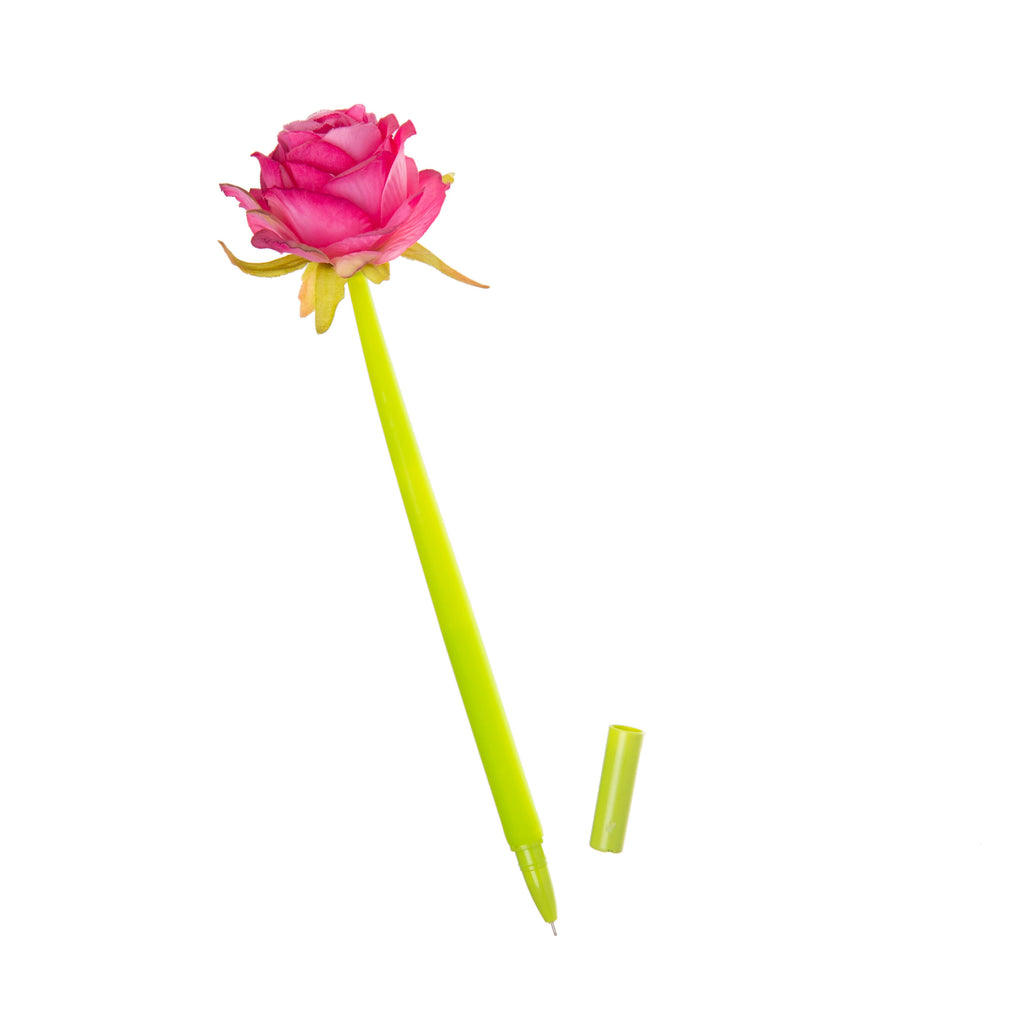 Make every note a happy one with this wonderfully jolly rose pen. The 'stem' is made from soft silicone, making it comfortable to hold and write with. The blooming rose at the top will dance around as you write. Fine liner - black ink Dimensions: 8" long.