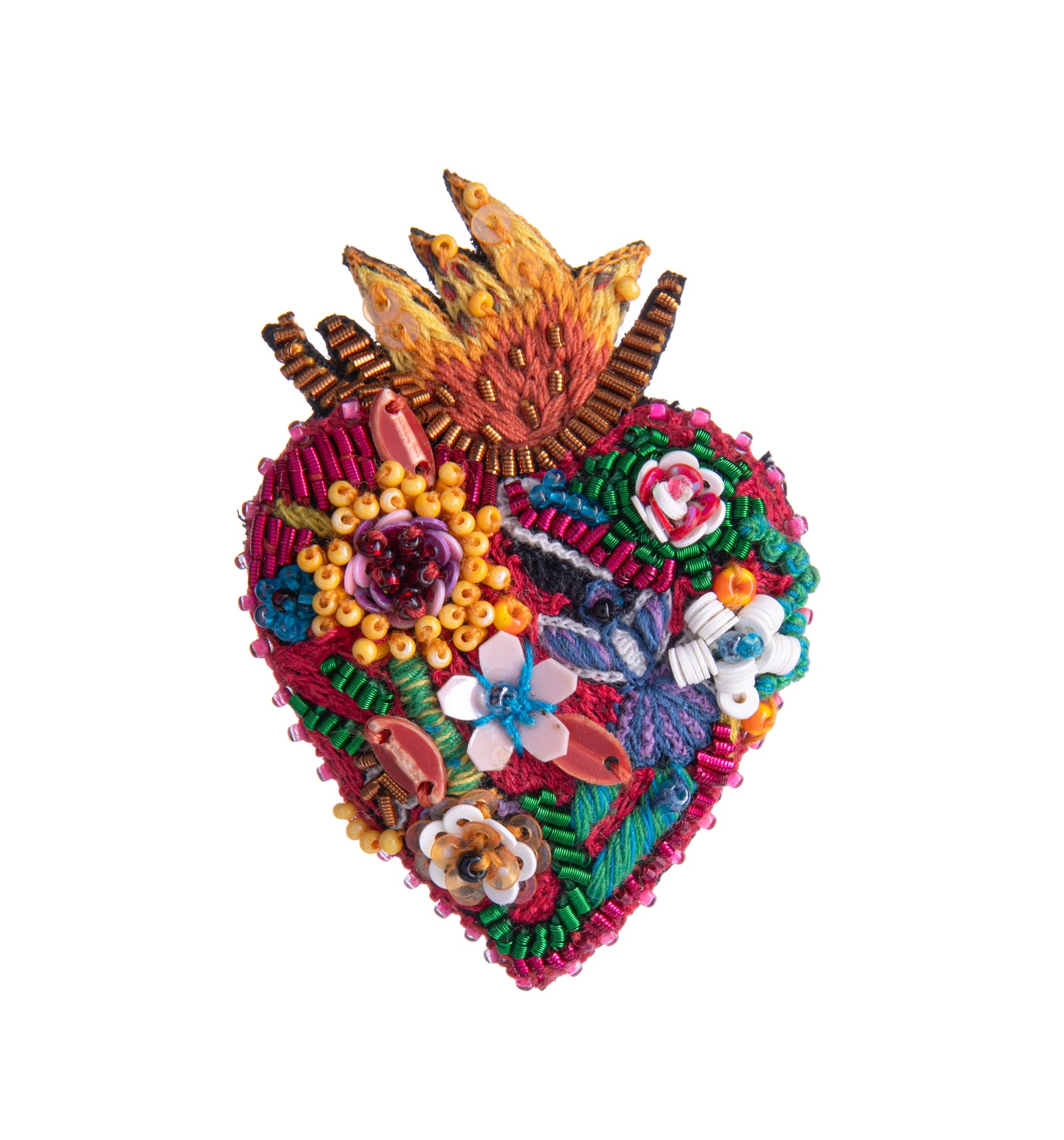 Wear your heart on your sleeve - or maybe your sweater or lapel with this sumptuously embellished flaming heart pin. Intricately hand-embroidered and beaded with flowers, leaves and flames, this limited-edition pin is sure to add a heart-stopping finishing touch to any outfit. Limited edition. Dimensions: 2" x 1.5".