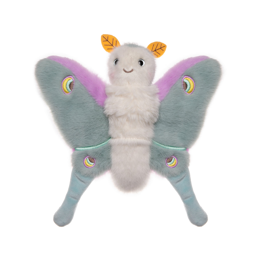 This Luna Moth is the cuddliest and sweetest moth you may have ever laid your eyes on. This flying furry pal is a nocturnal creature with details like leaf antennae, blue eyes, and a smile.  Also features a pocket to turn your new furry friend into a finger puppet! Dimensions: 10" x 10" x 2" Ages: 24 months +