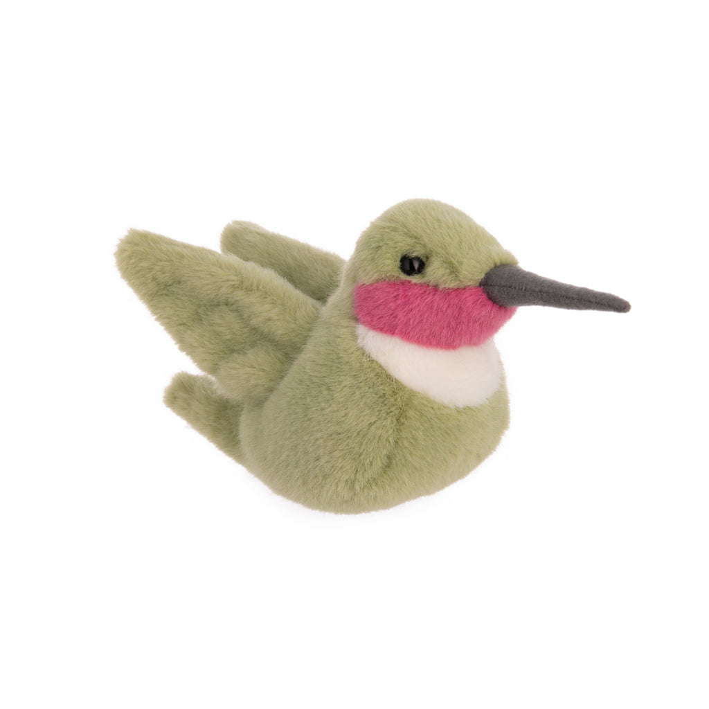 Nectar the Hummingbird is the cutest flower lover that comes in plush form.  Extra cuddly and fuzzy, this hummingbird plush is sure to be your new companion. Its spring green body and rosy throat with white bib make it a beautiful addition to any furry friend collection.  Dimensions: 6" x 2.5" x 4" 