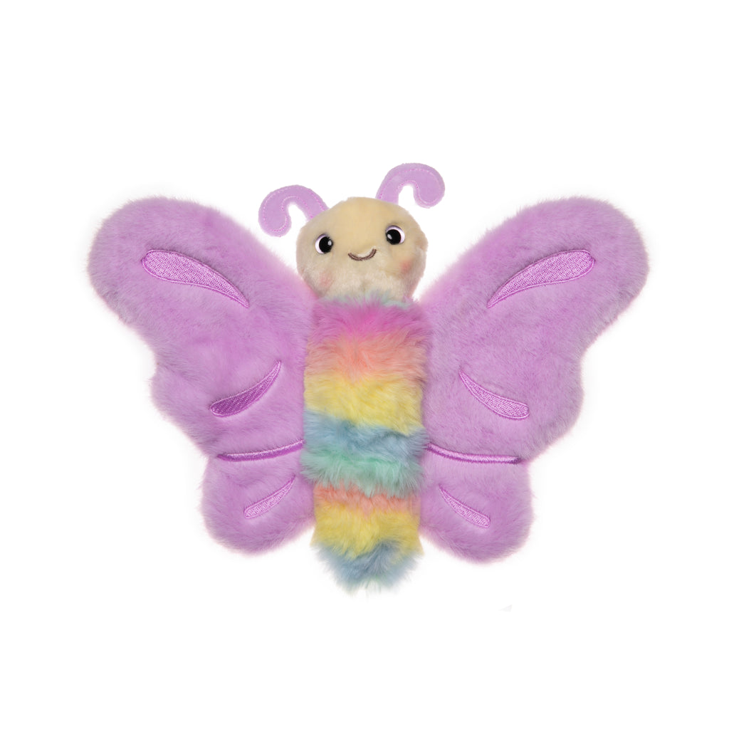 Annabel the butterfly might be the cutest flying furry bug!  Her pale lavender and rainbow stripes and sweet face make her the cuddliest and most delightful companion. Her lavender antennae with curled ends add to her charm. Let Annabel be your newest flying friend! Dimensions: 10" x 2" Recommended age: 24 months+